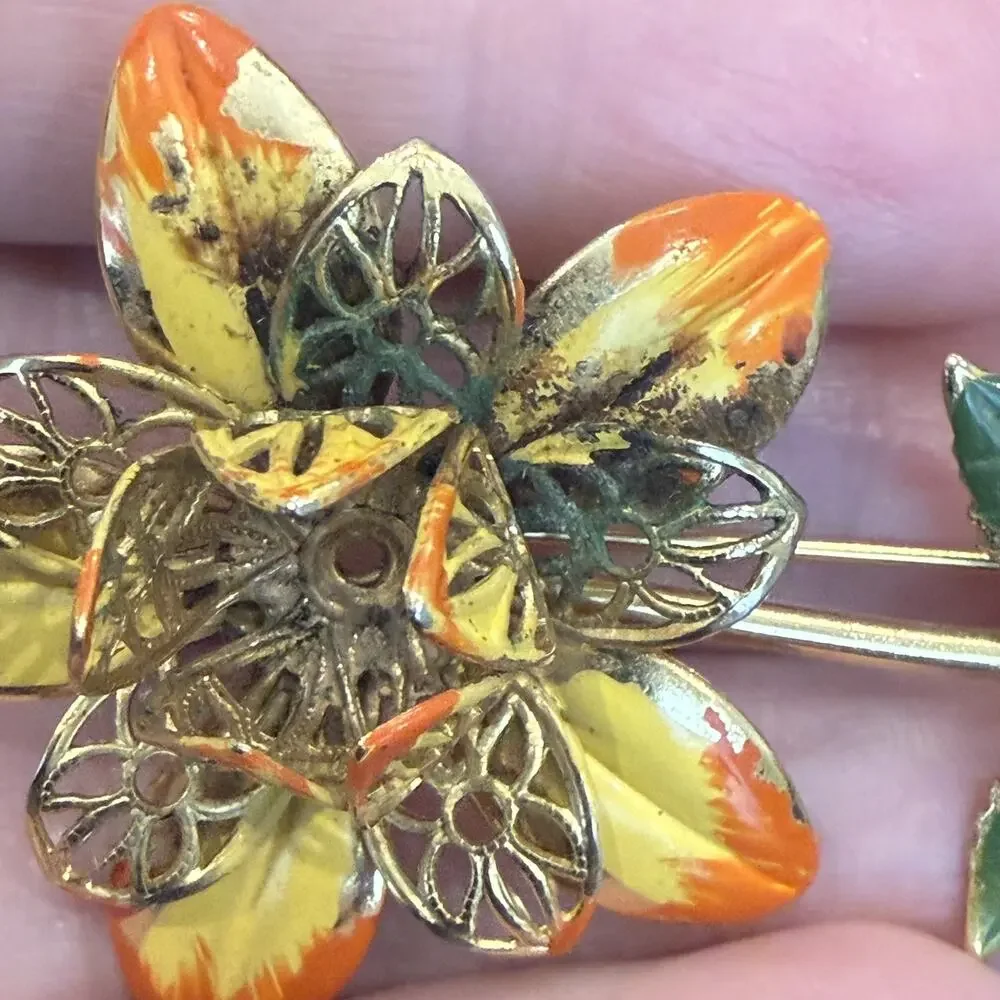 Vintage Enamel Metal Filigree Flower Brooch Yellow, Orange, Green Colors